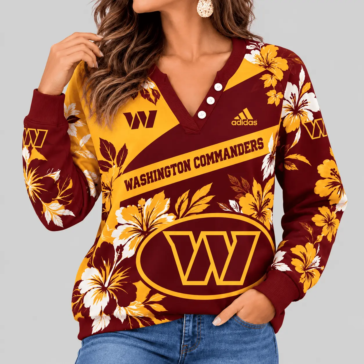 Washington Commanders | NFL Tropical Floral Henley Long Sleeve Top