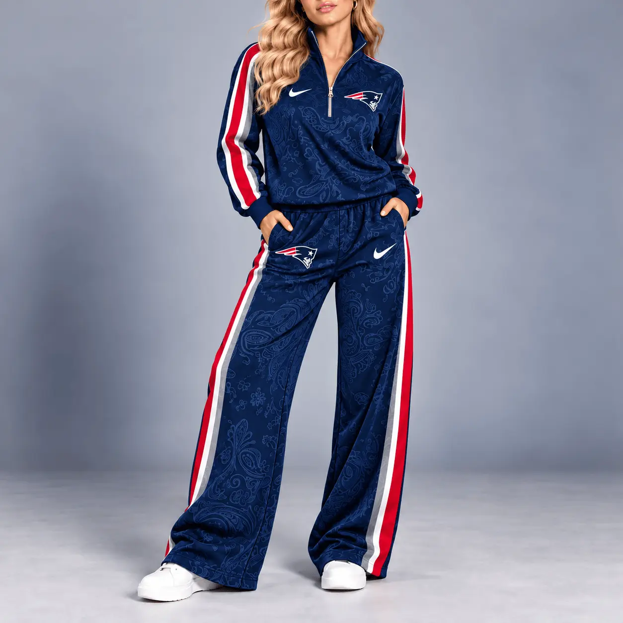 New England Patriots | Premium NFL Team Ready Paisley Quarter-Zip & Wide-Leg Pants Set NY