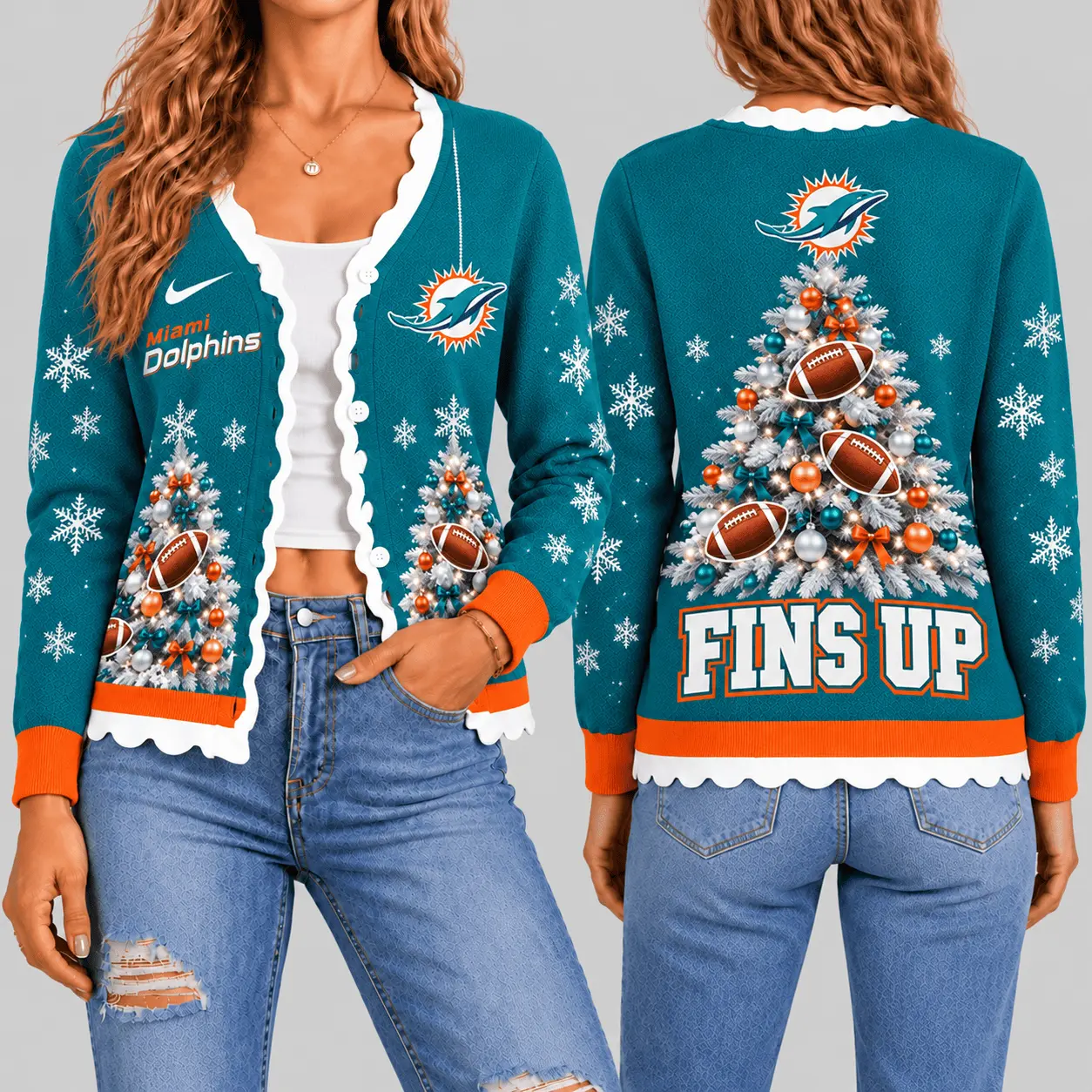 Miami Dolphins | NFL Christmas Tree Knit Cardigan TD