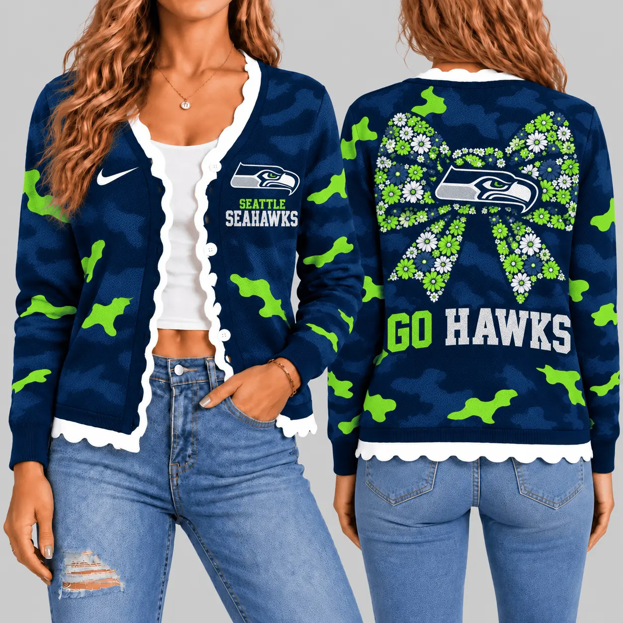 Seattle Seahawks | NFL Camo Bow Knit Cardigan TD