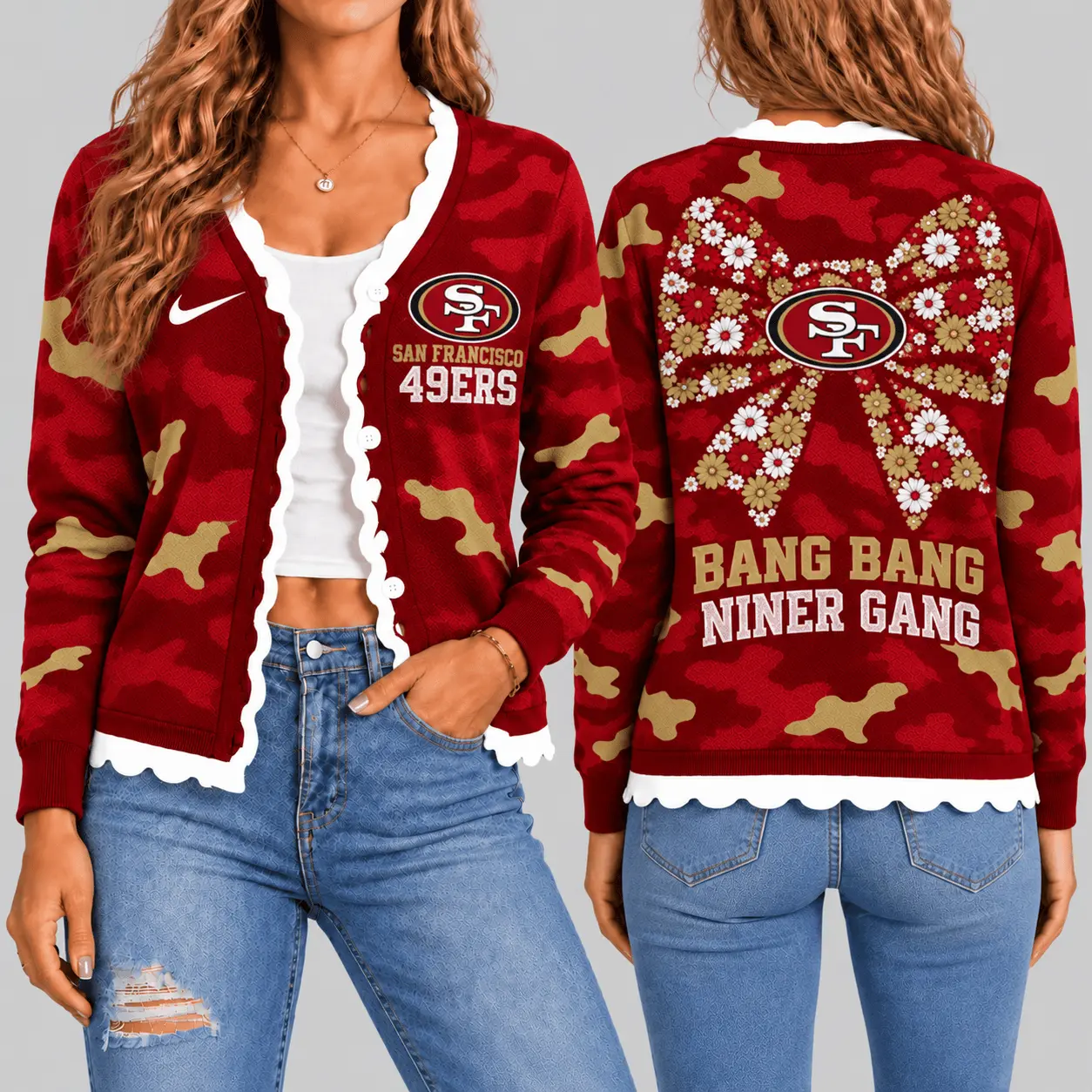 San Francisco 49ers | NFL Camo Bow Knit Cardigan TD