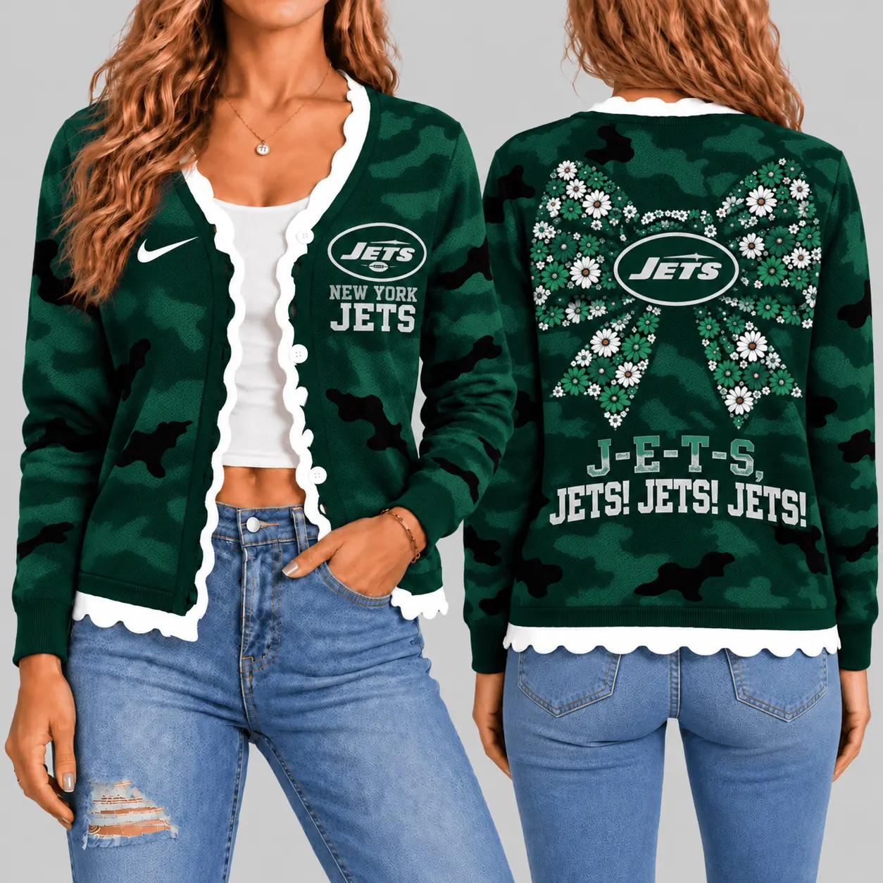 New York Jets | NFL Camo Bow Knit Cardigan TD