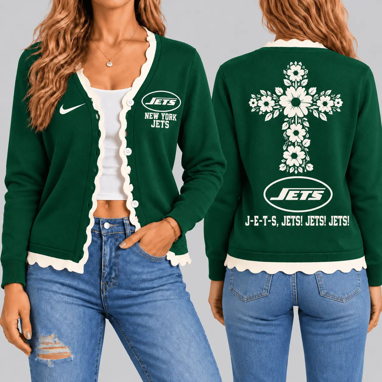 New York Jets | NFL Floral Cross Faith Knit Cardigan TD
