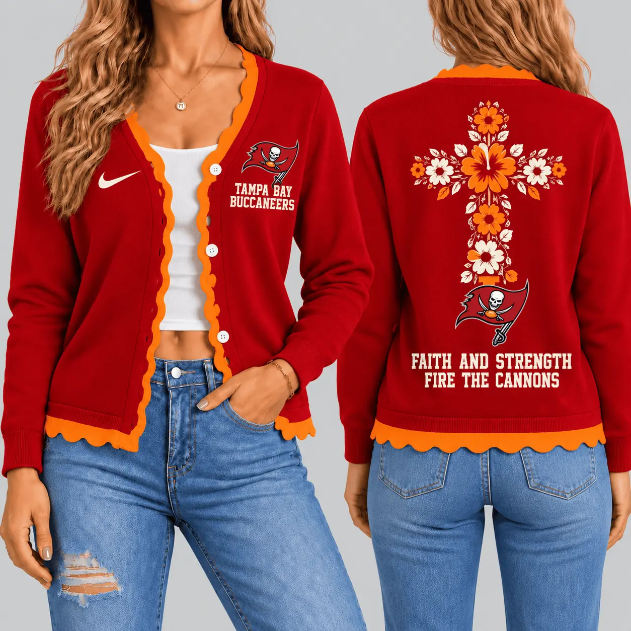 Tampa Bay Buccaneers | NFL Floral Cross Faith Knit Cardigan TD