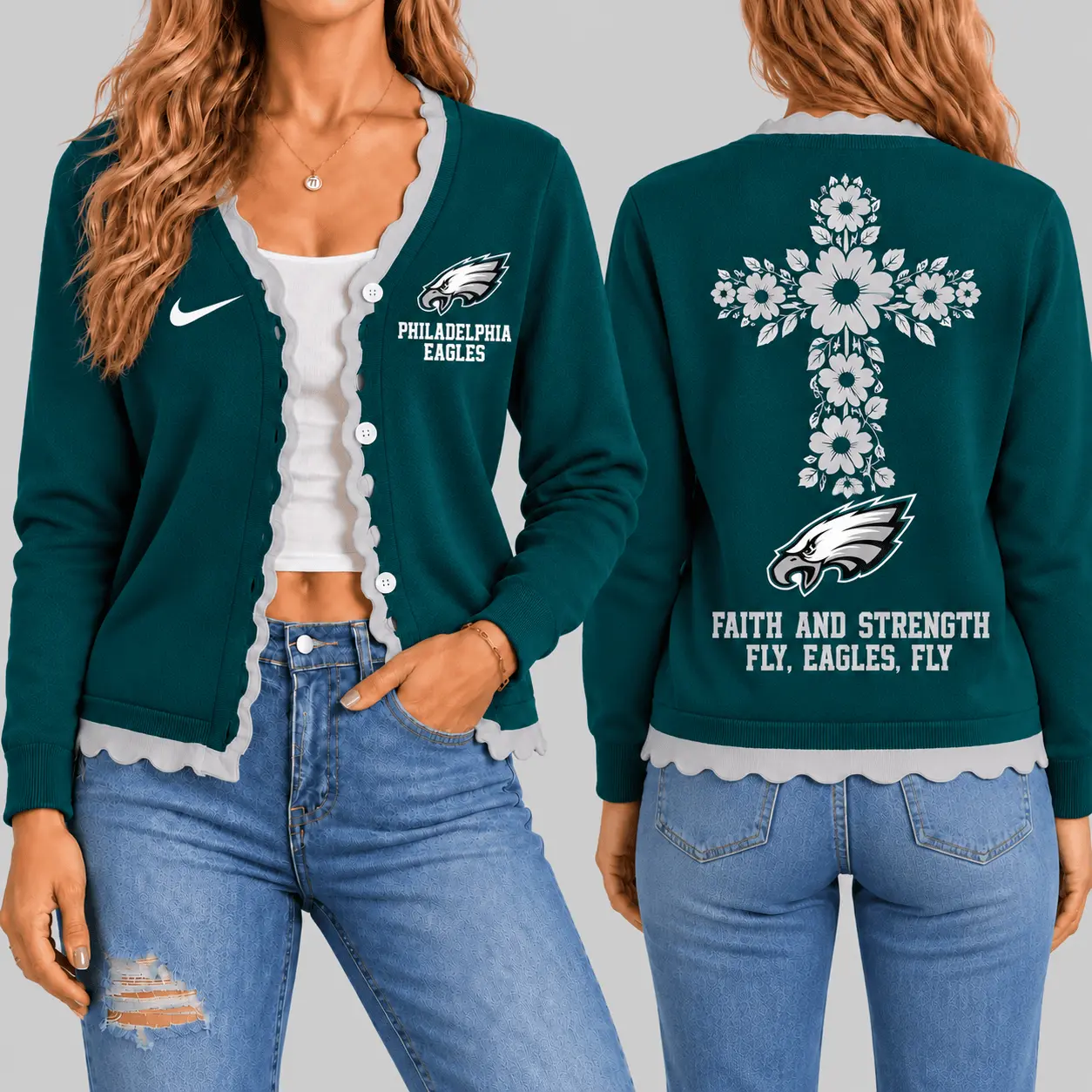 Philadelphia Eagles | NFL Floral Cross Faith Knit Cardigan TD