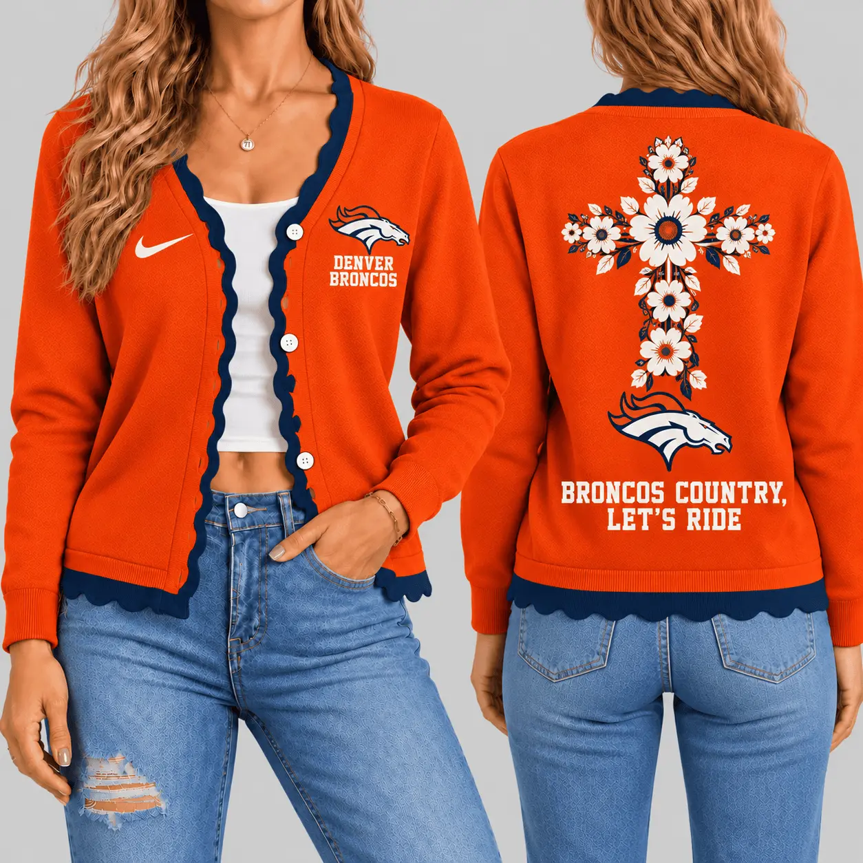 Denver Broncos | NFL Floral Cross Faith Knit Cardigan TD