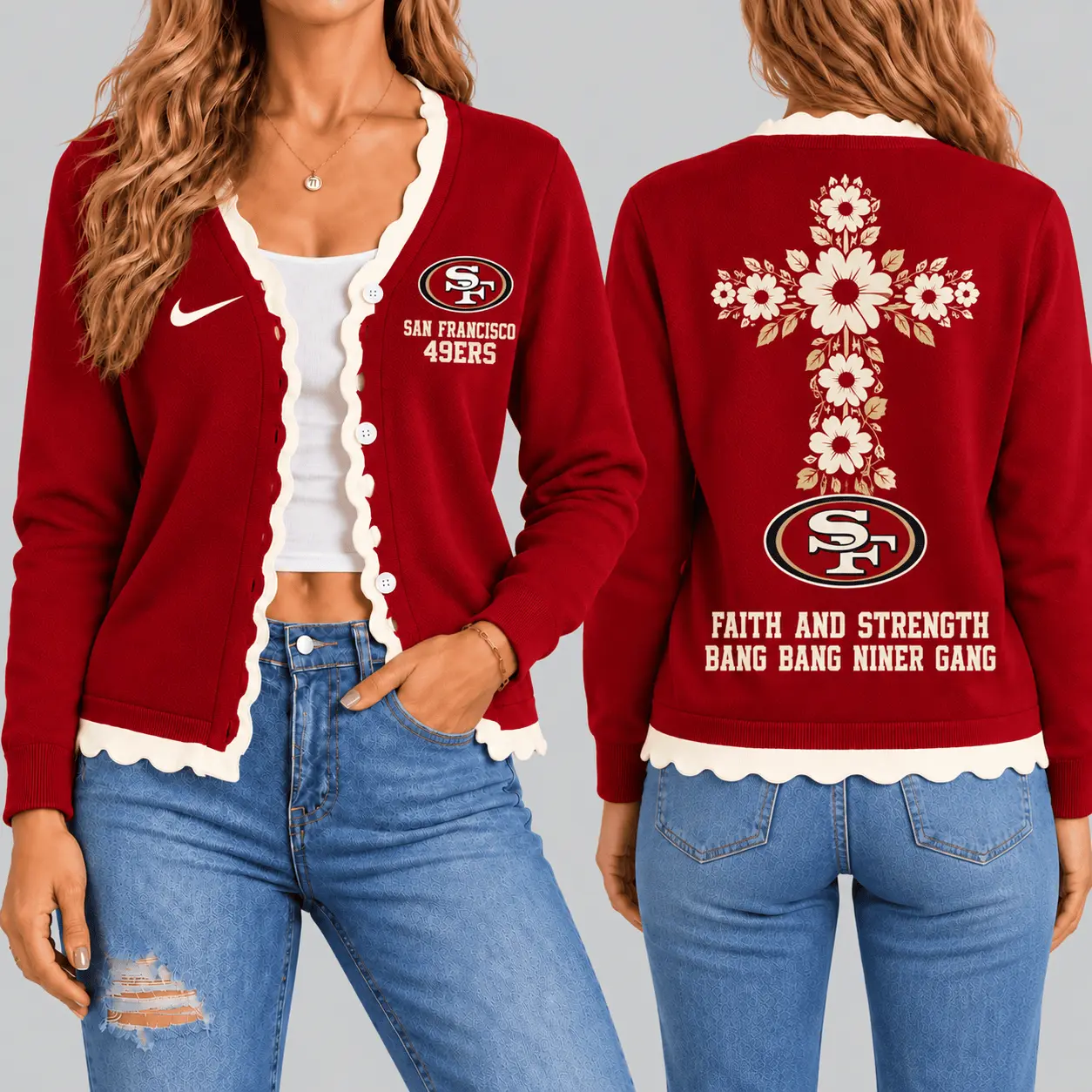 San Francisco 49ers | NFL Floral Cross Faith Knit Cardigan TD