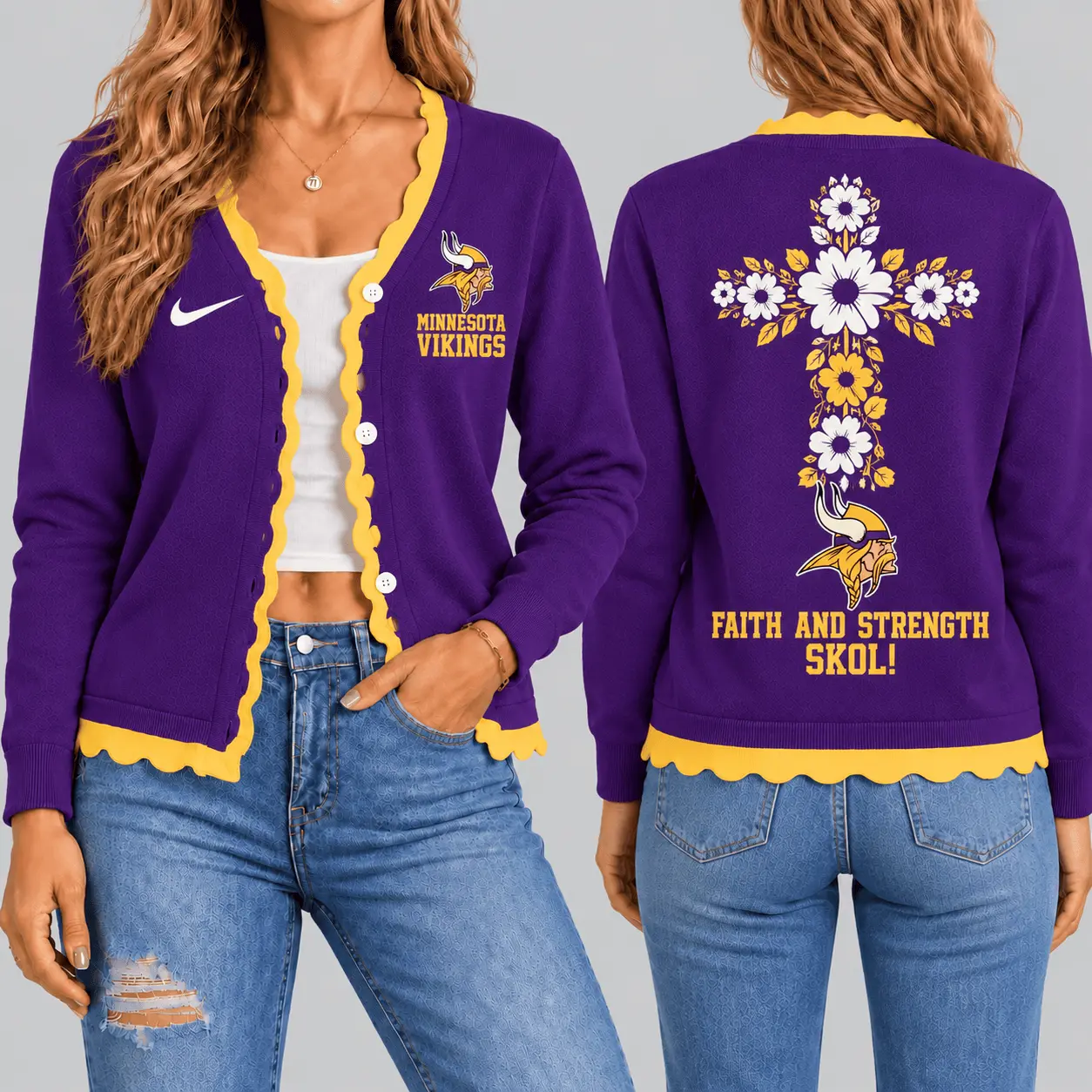 Minnesota Vikings | NFL Floral Cross Faith Knit Cardigan TD