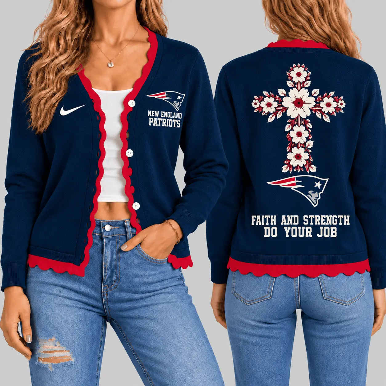New England Patriots | NFL Floral Cross Faith Knit Cardigan TD
