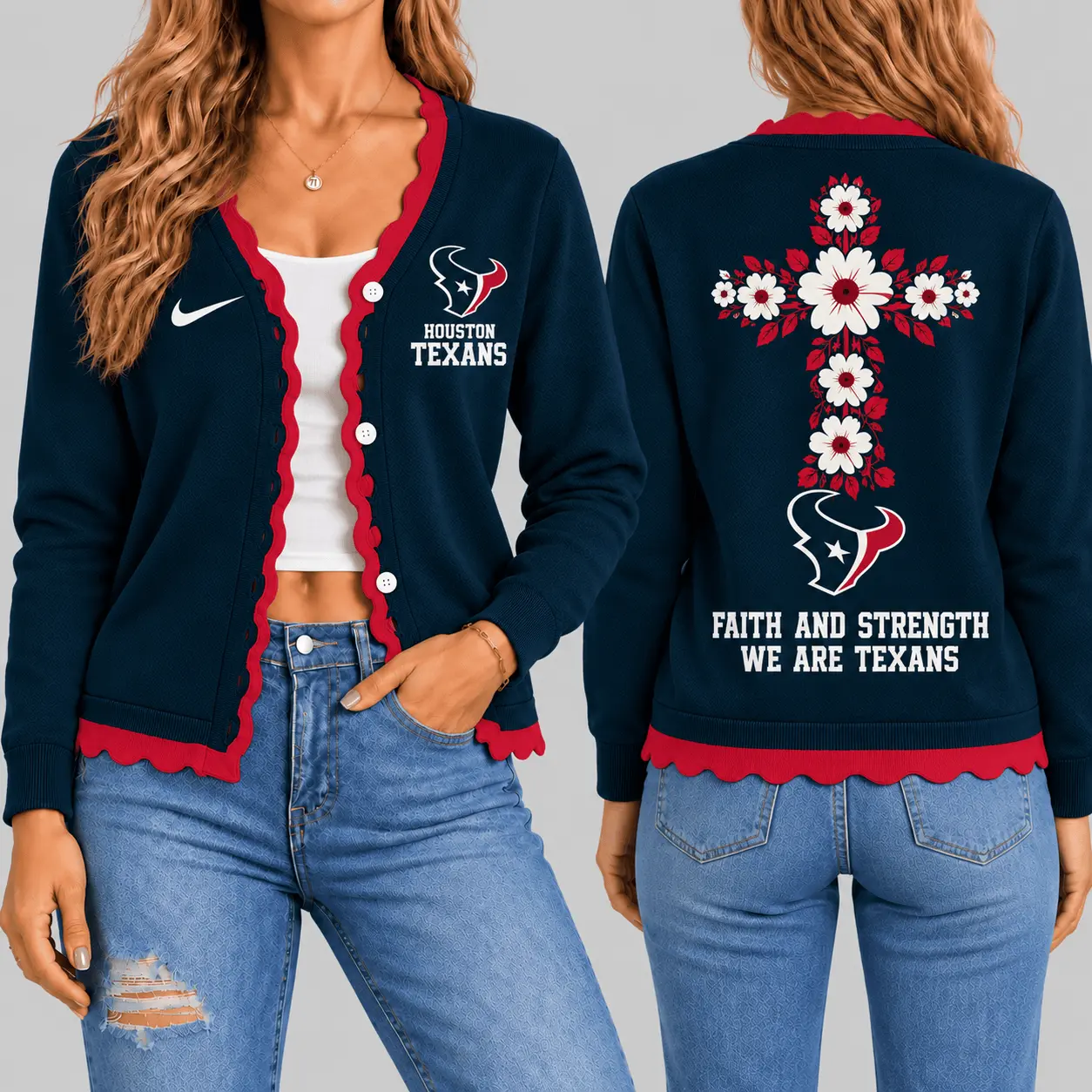 Houston Texans | NFL Floral Cross Faith Knit Cardigan TD