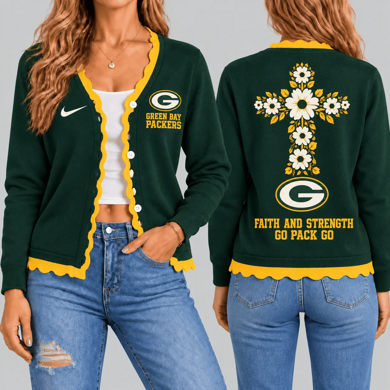Green Bay Packers | NFL Floral Cross Faith Knit Cardigan TD