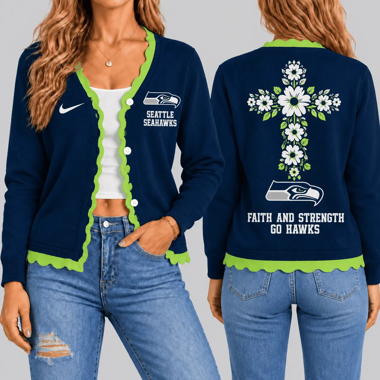 Seattle Seahawks | NFL Floral Cross Faith Knit Cardigan TD
