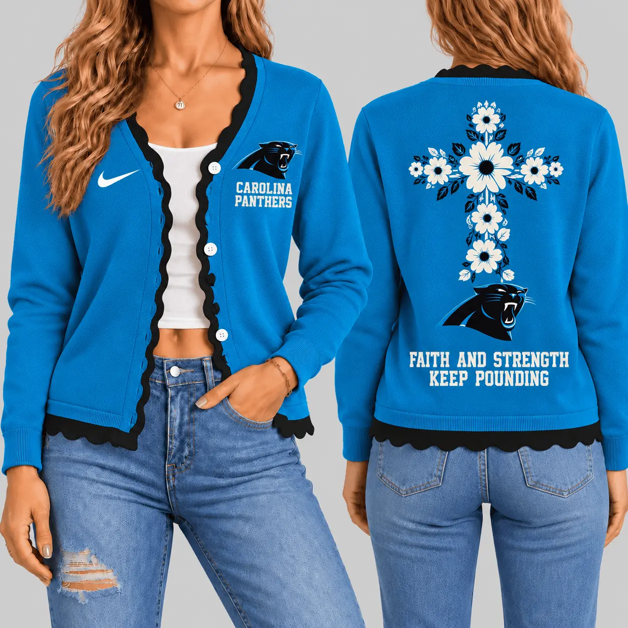 Carolina Panthers | NFL Floral Cross Faith Knit Cardigan TD