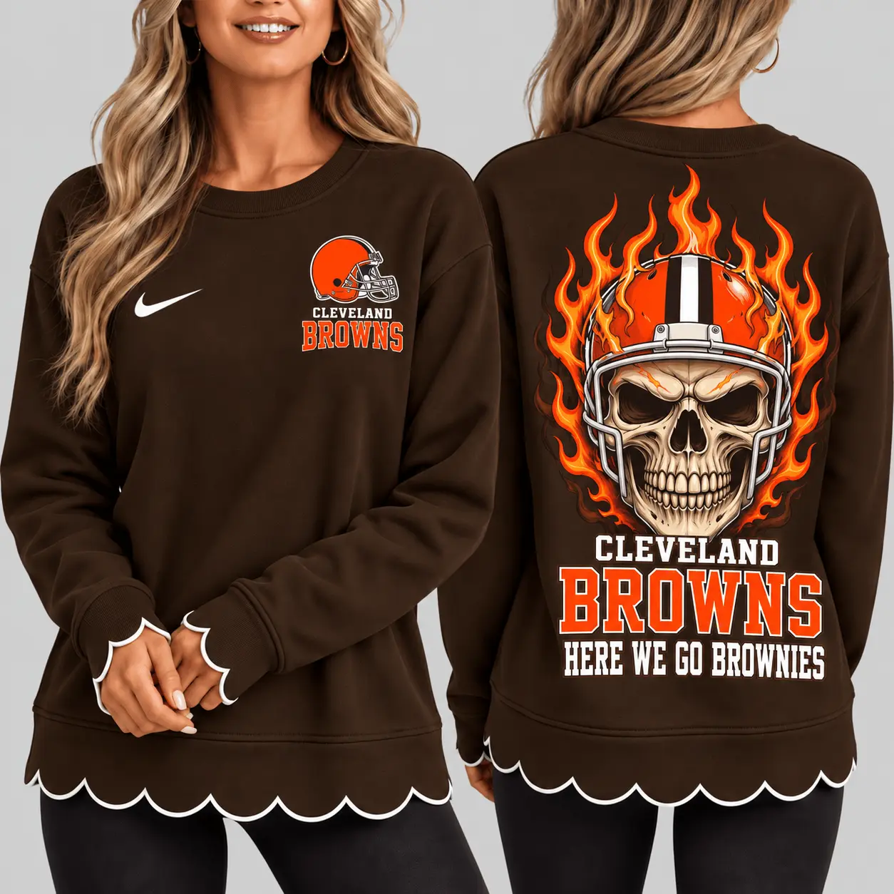 Cleveland Browns | NFL Flaming Skull Scallop Hem Sweatshirt TD