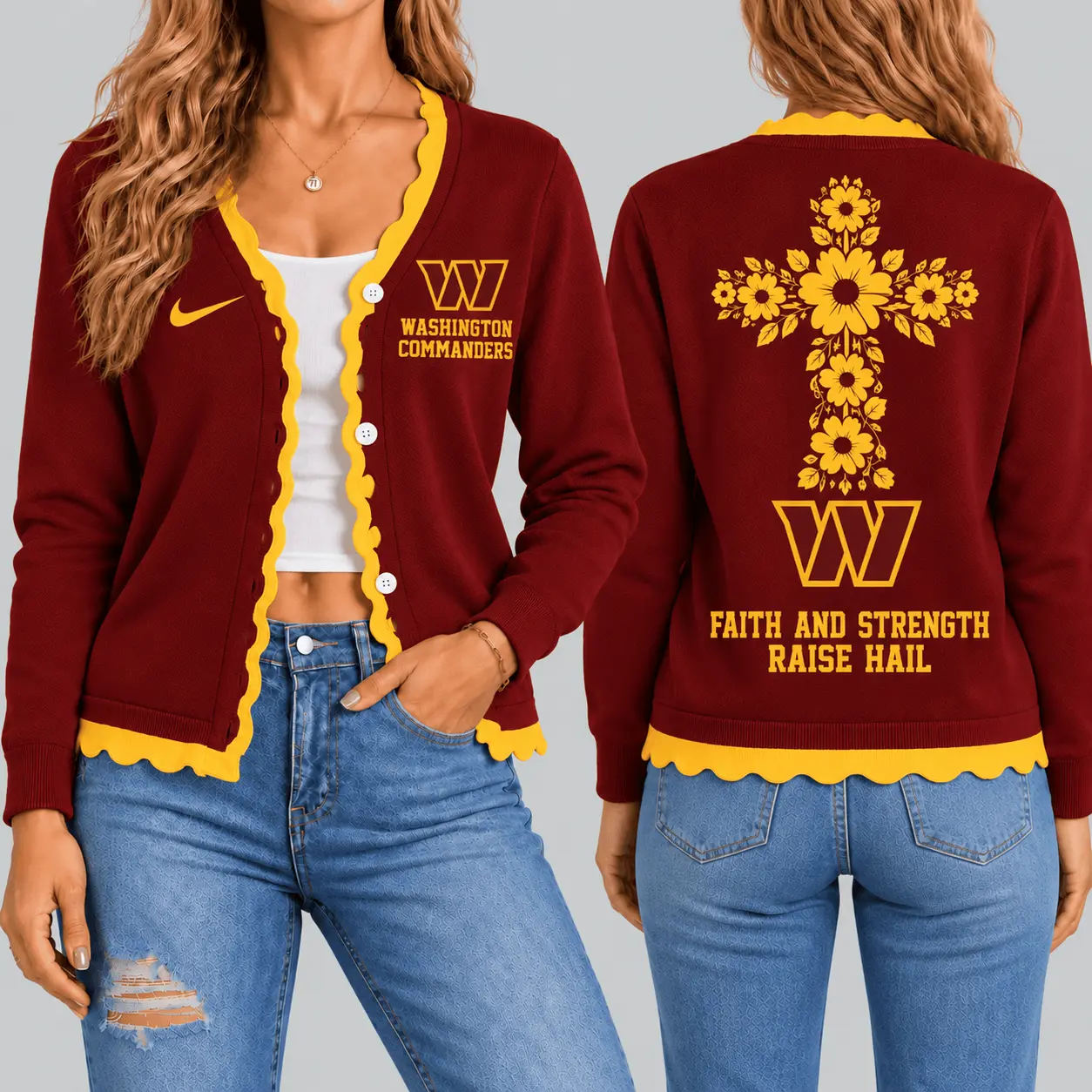 Washington Commanders | NFL Floral Cross Faith Knit Cardigan TD