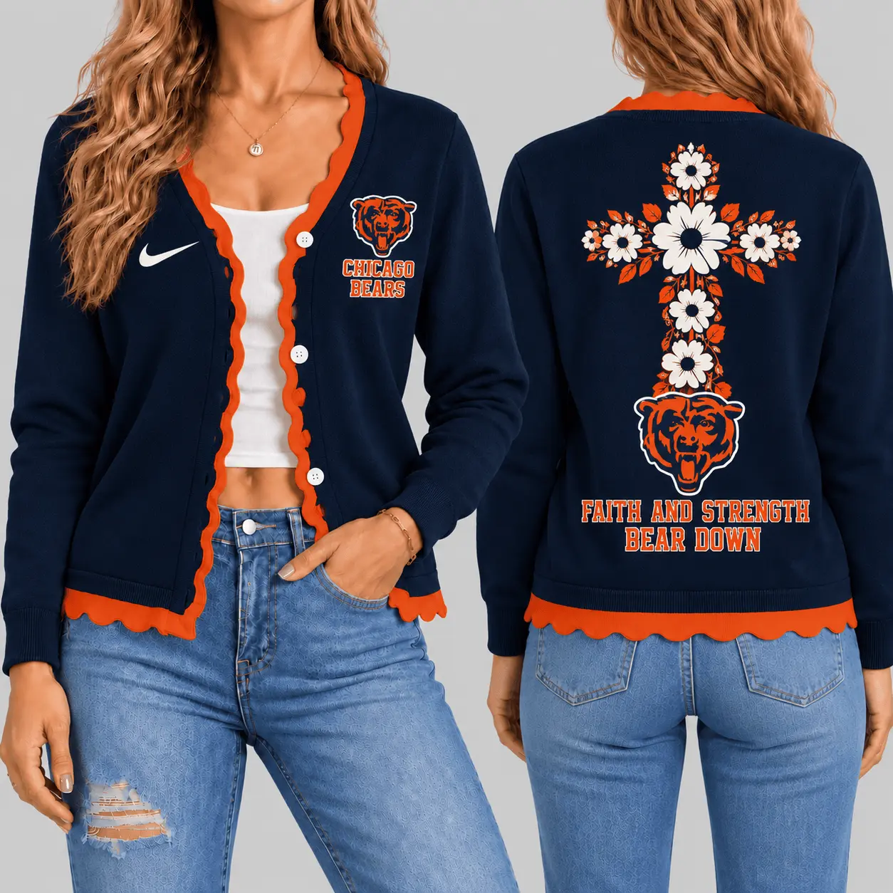 Chicago Bears | NFL Floral Cross Faith Knit Cardigan TD