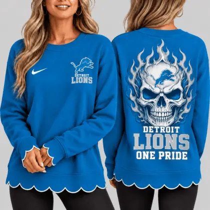 Detroit Lions | NFL Flaming Skull Scallop Hem Sweatshirt TD