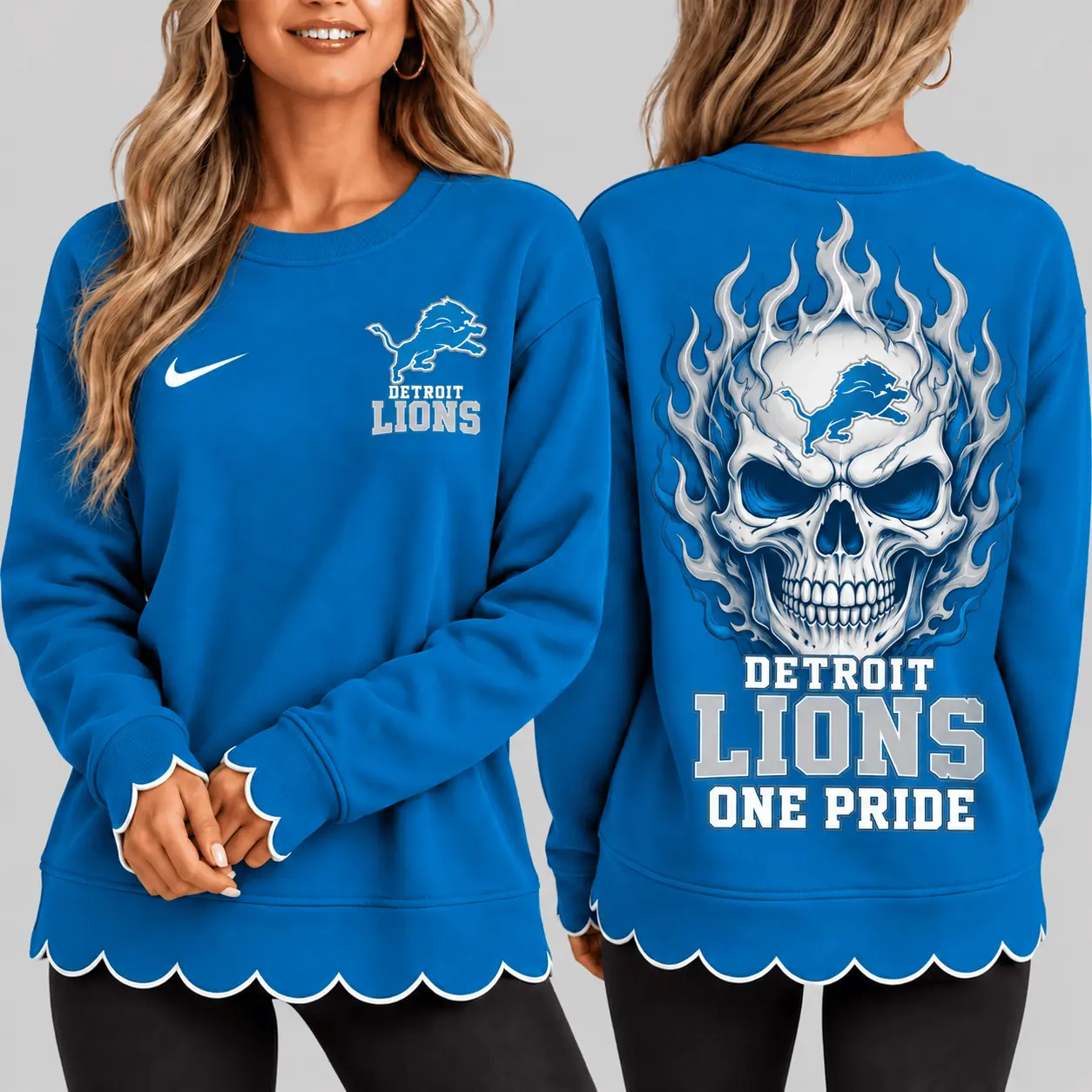 Detroit Lions | NFL Flaming Skull Scallop Hem Sweatshirt TD