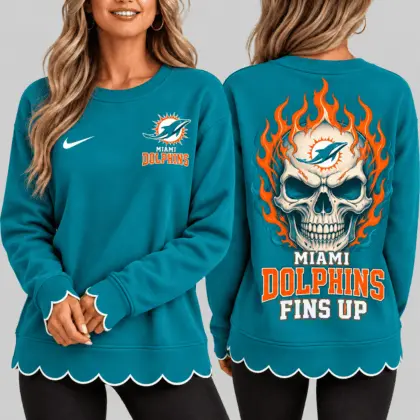 Miami Dolphins | NFL Flaming Skull Scallop Hem Sweatshirt TD