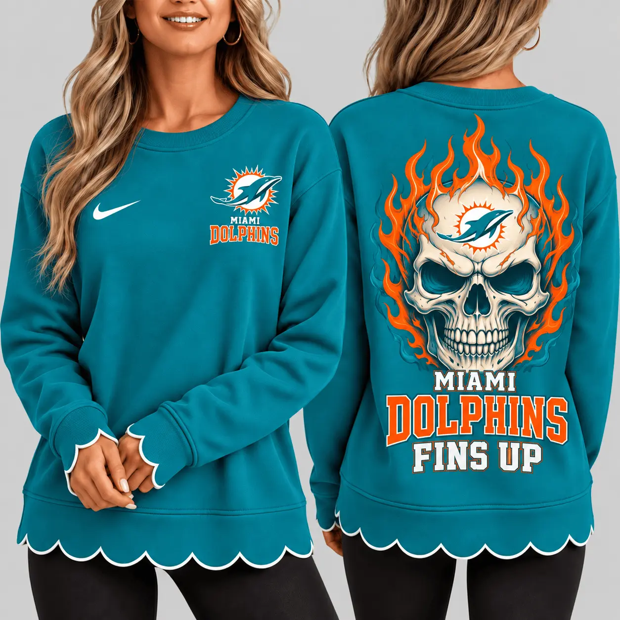 Miami Dolphins | NFL Flaming Skull Scallop Hem Sweatshirt TD