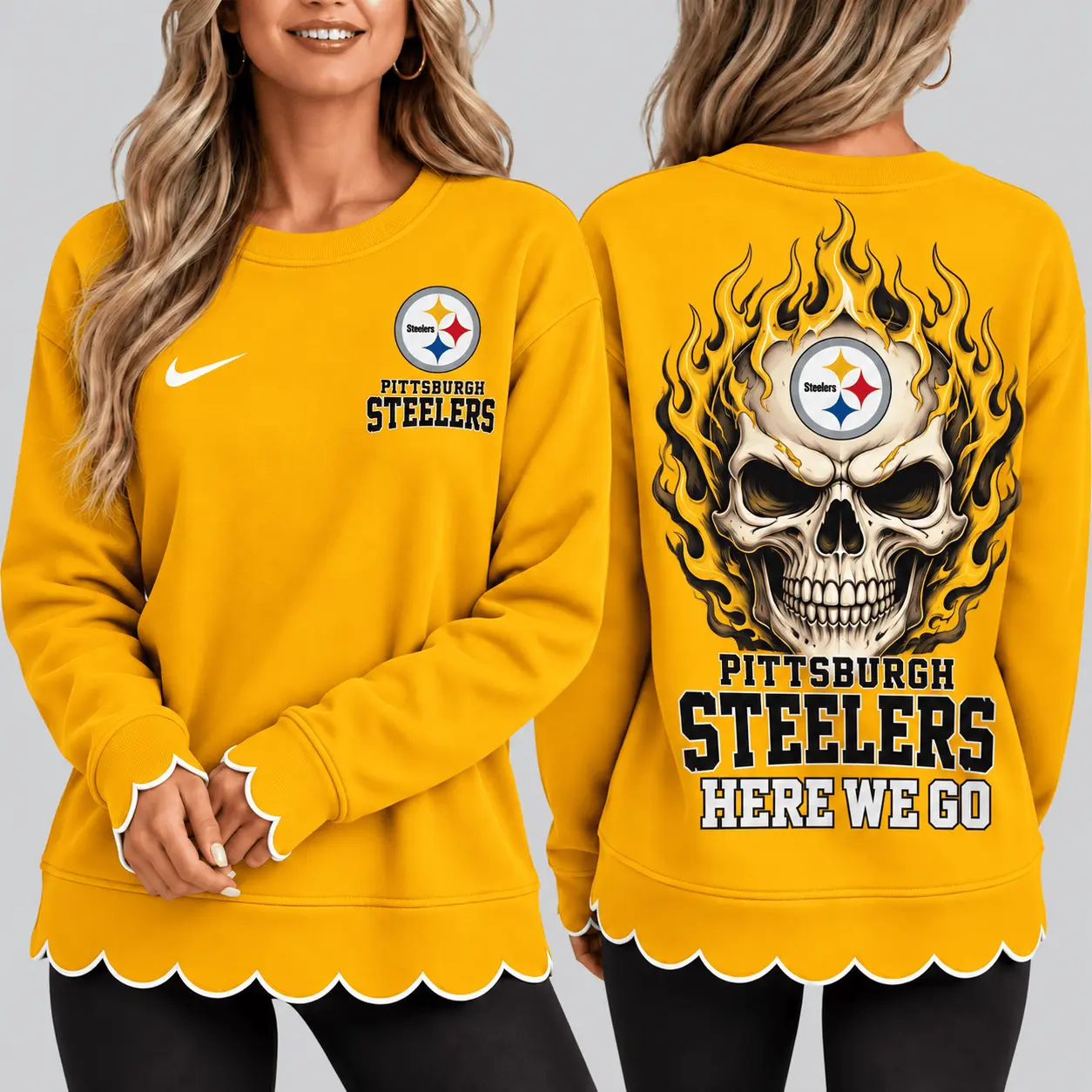 Pittsburgh Steelers | NFL Flaming Skull Scallop Hem Sweatshirt TD