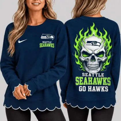 Seattle Seahawks | NFL Flaming Skull Scallop Hem Sweatshirt TD