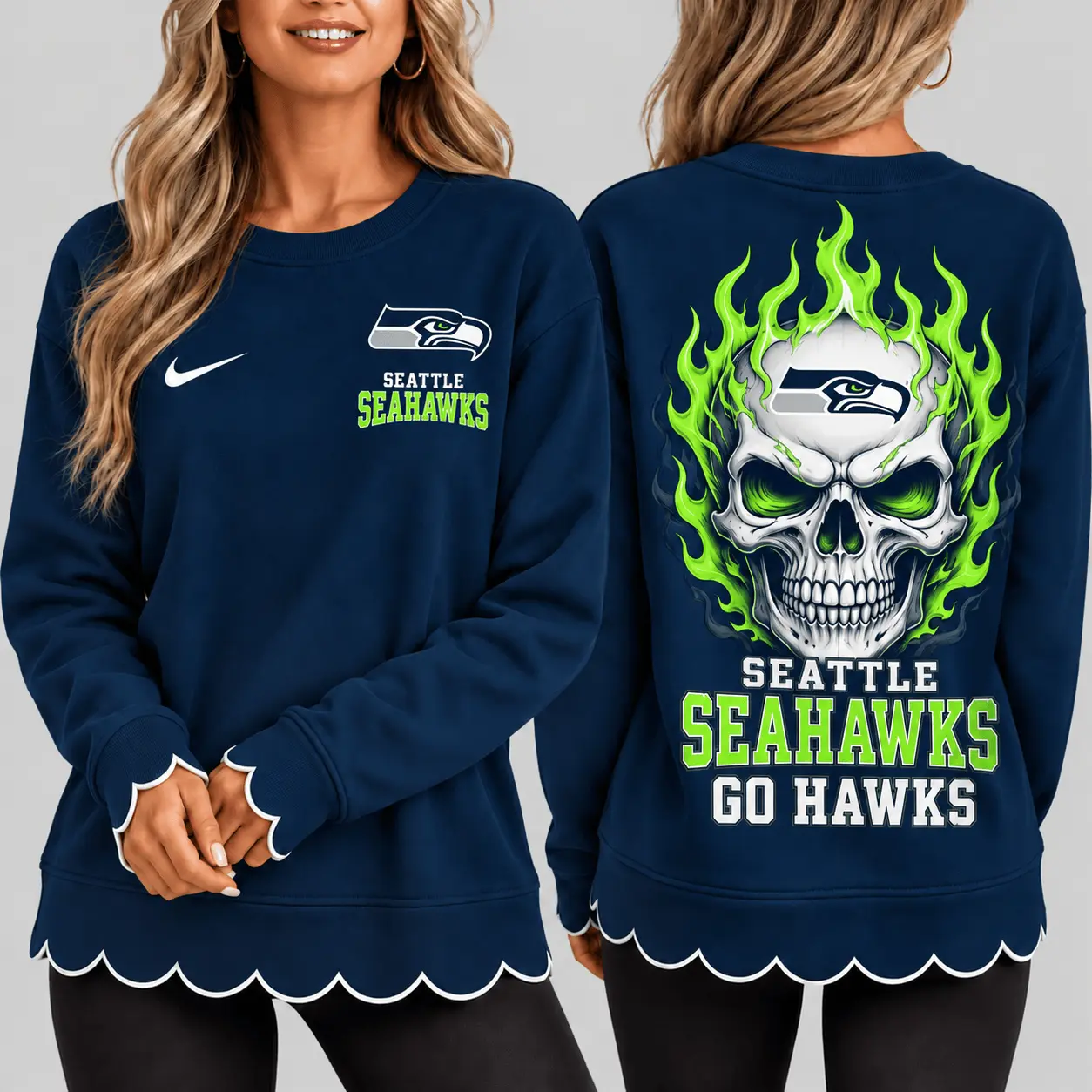 Seattle Seahawks | NFL Flaming Skull Scallop Hem Sweatshirt TD