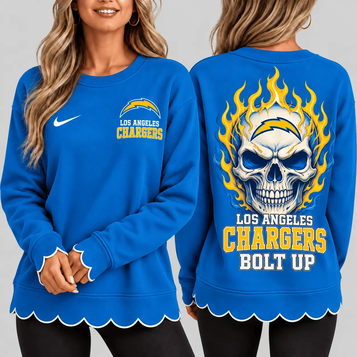 Los Angeles Chargers | NFL Flaming Skull Scallop Hem Sweatshirt TD