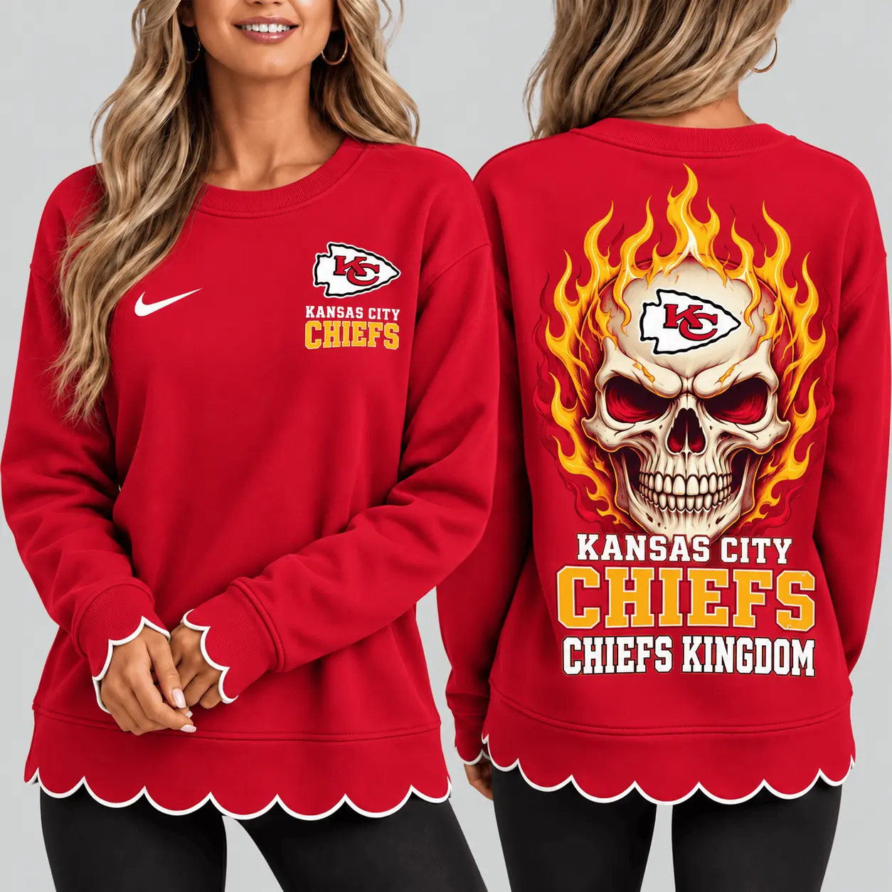 Kansas City Chiefs | NFL Flaming Skull Scallop Hem Sweatshirt TD
