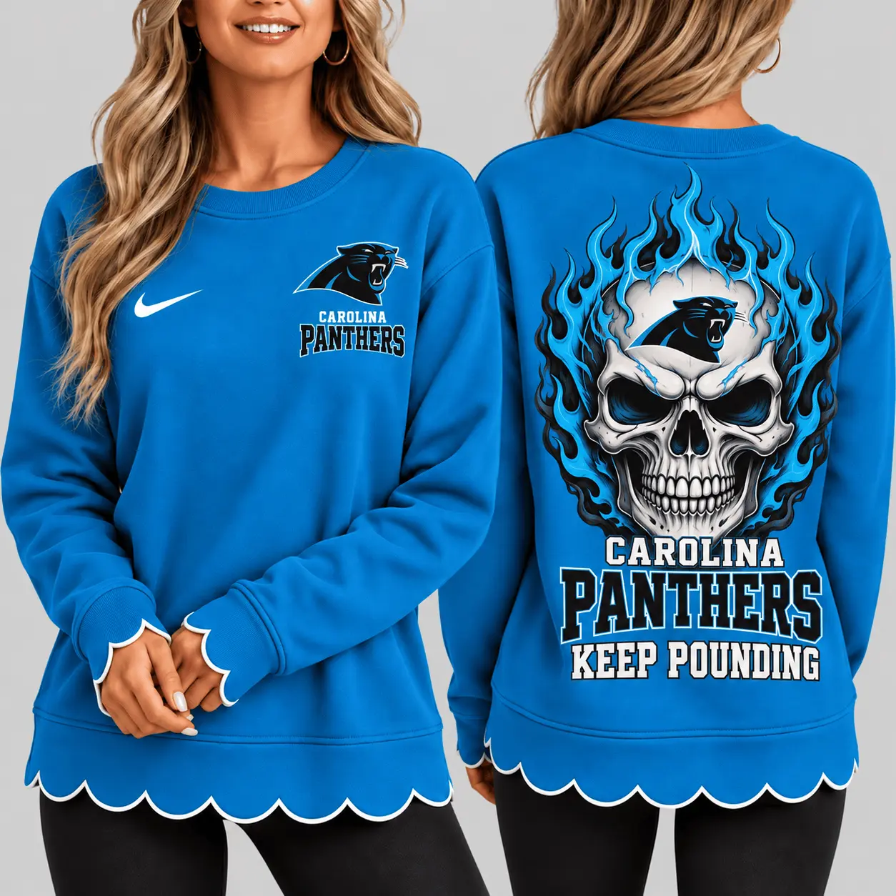 Carolina Panthers | NFL Flaming Skull Scallop Hem Sweatshirt TD