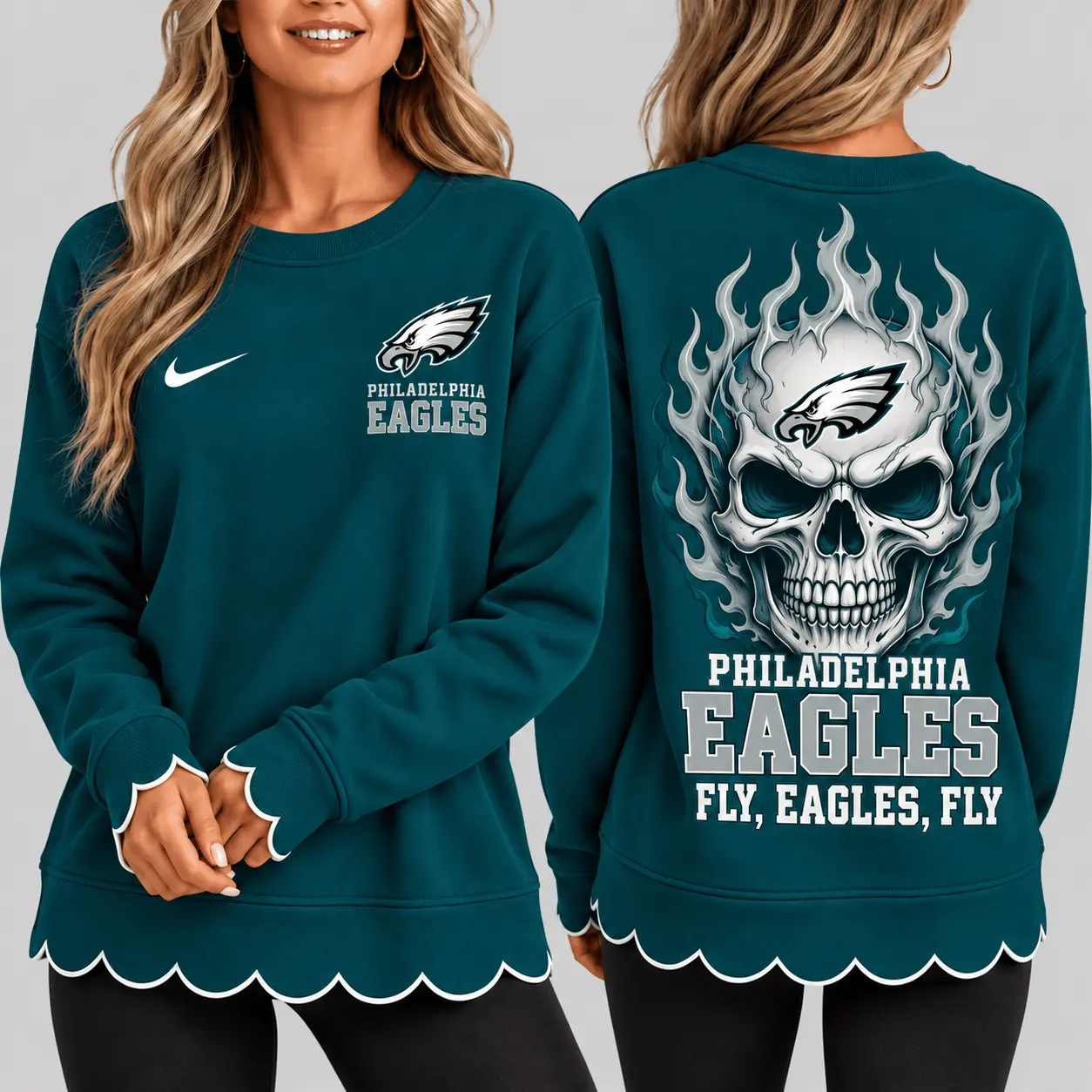 Philadelphia Eagles | NFL Flaming Skull Scallop Hem Sweatshirt TD