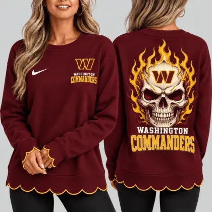 Washington Commanders | NFL Flaming Skull Scallop Hem Sweatshirt TD