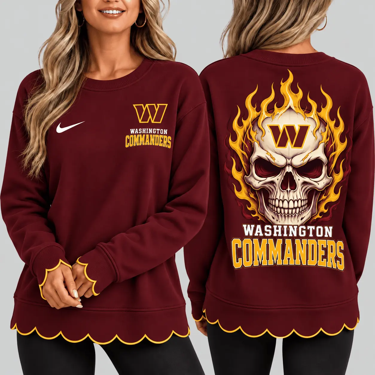 Washington Commanders | NFL Flaming Skull Scallop Hem Sweatshirt TD