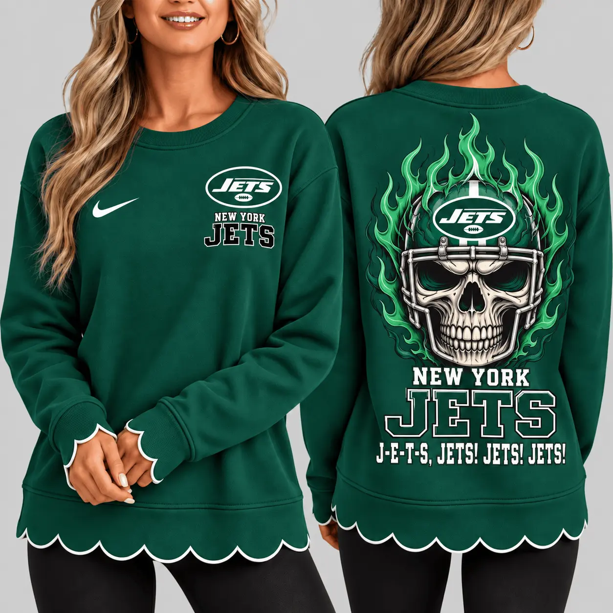 New York Jets | NFL Flaming Skull Scallop Hem Sweatshirt TD