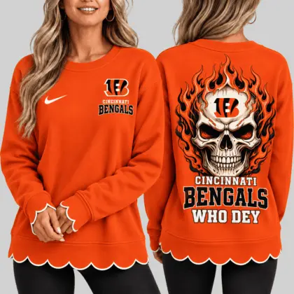 Cincinnati Bengals | NFL Flaming Skull Scallop Hem Sweatshirt TD