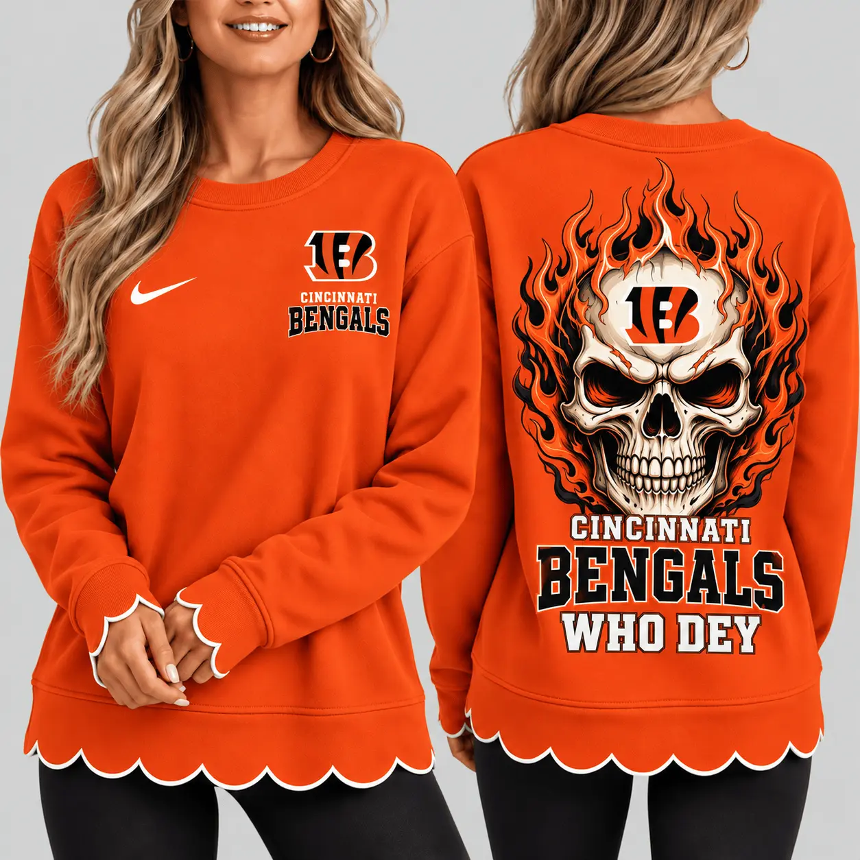 Cincinnati Bengals | NFL Flaming Skull Scallop Hem Sweatshirt TD