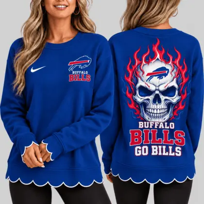 Buffalo Bills | NFL Flaming Skull Scallop Hem Sweatshirt TD