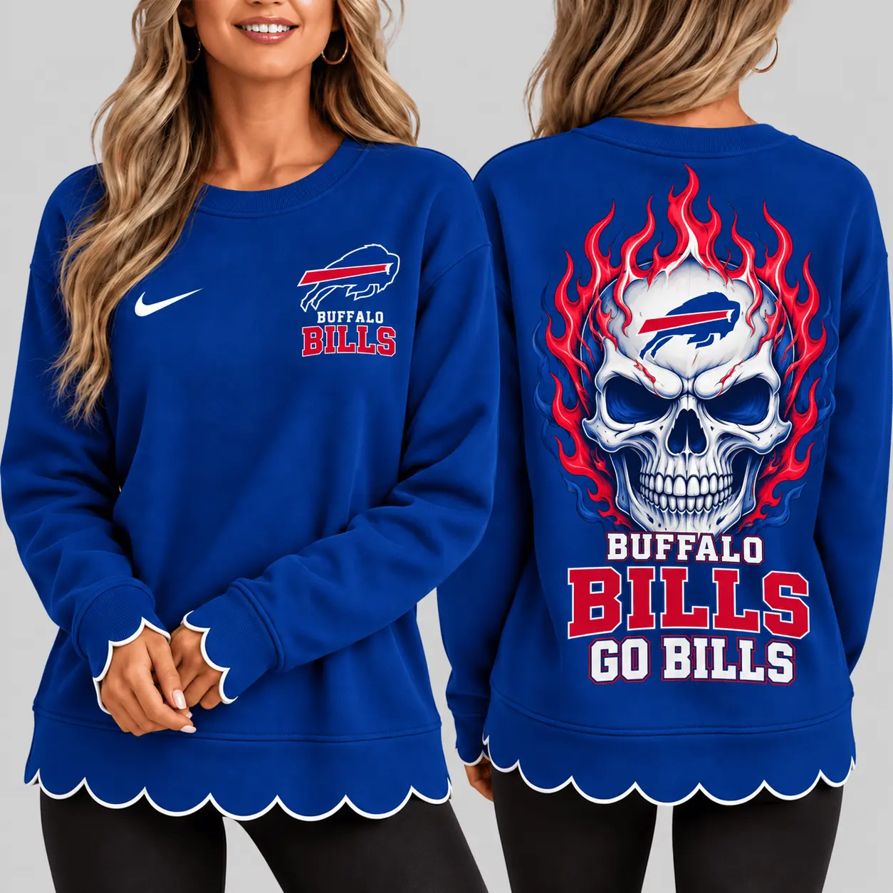 Buffalo Bills | NFL Flaming Skull Scallop Hem Sweatshirt TD