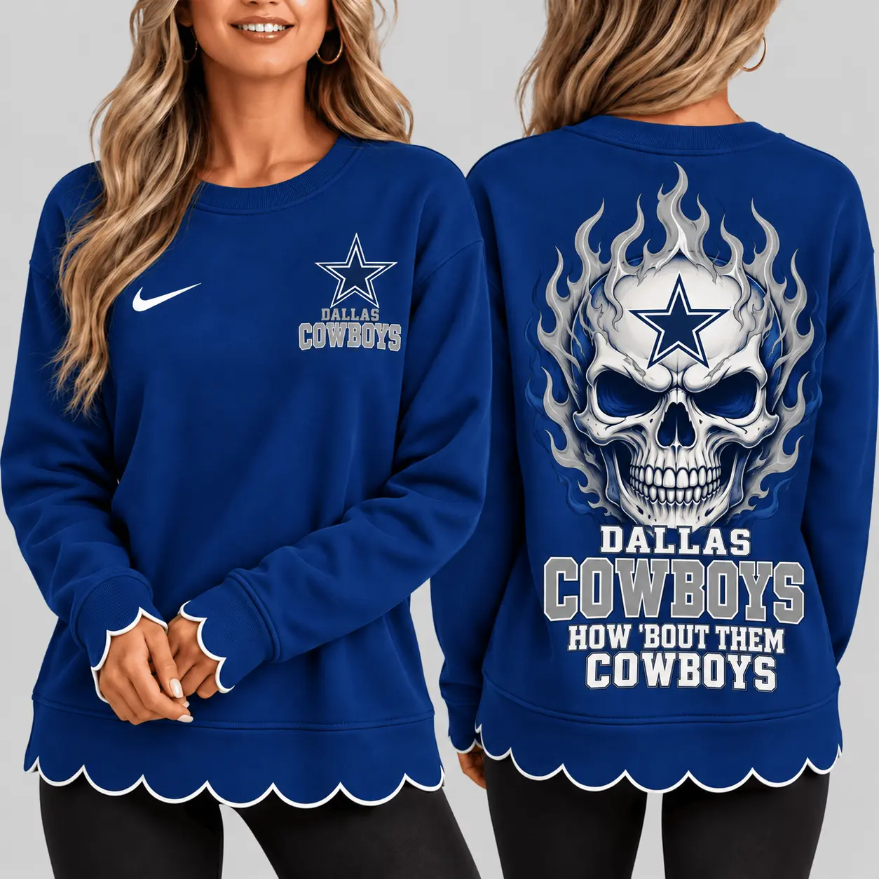 Dallas Cowboys | NFL Flaming Skull Scallop Hem Sweatshirt TD
