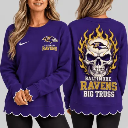 Baltimore Ravens | NFL Flaming Skull Scallop Hem Sweatshirt TD