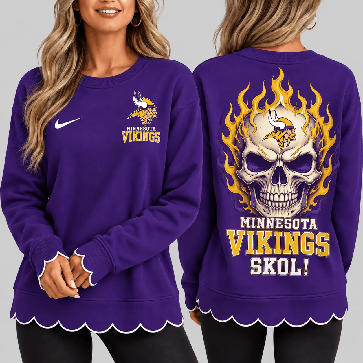 Minnesota Vikings | NFL Flaming Skull Scallop Hem Sweatshirt TD