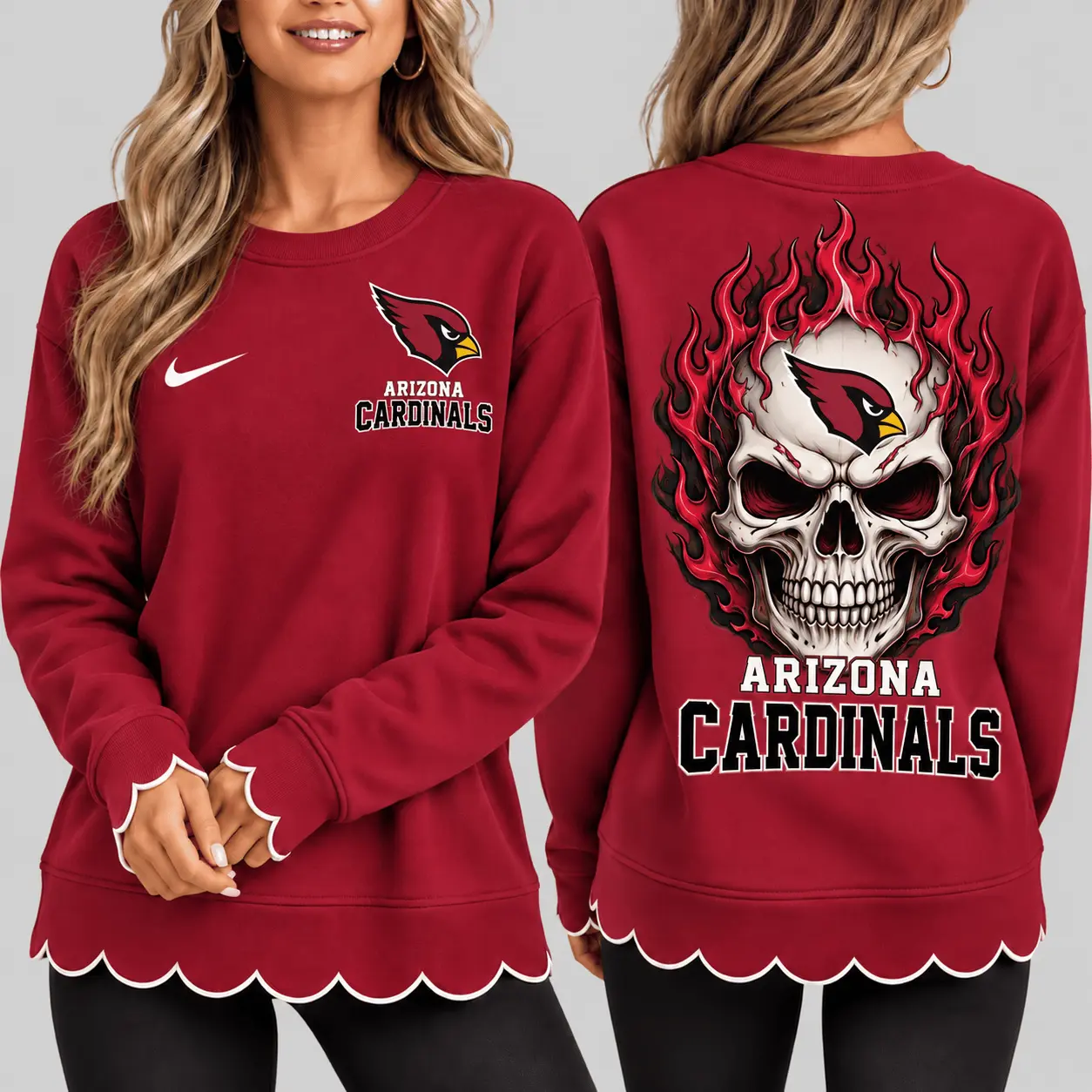 Arizona Cardinals | NFL Flaming Skull Scallop Hem Sweatshirt TD