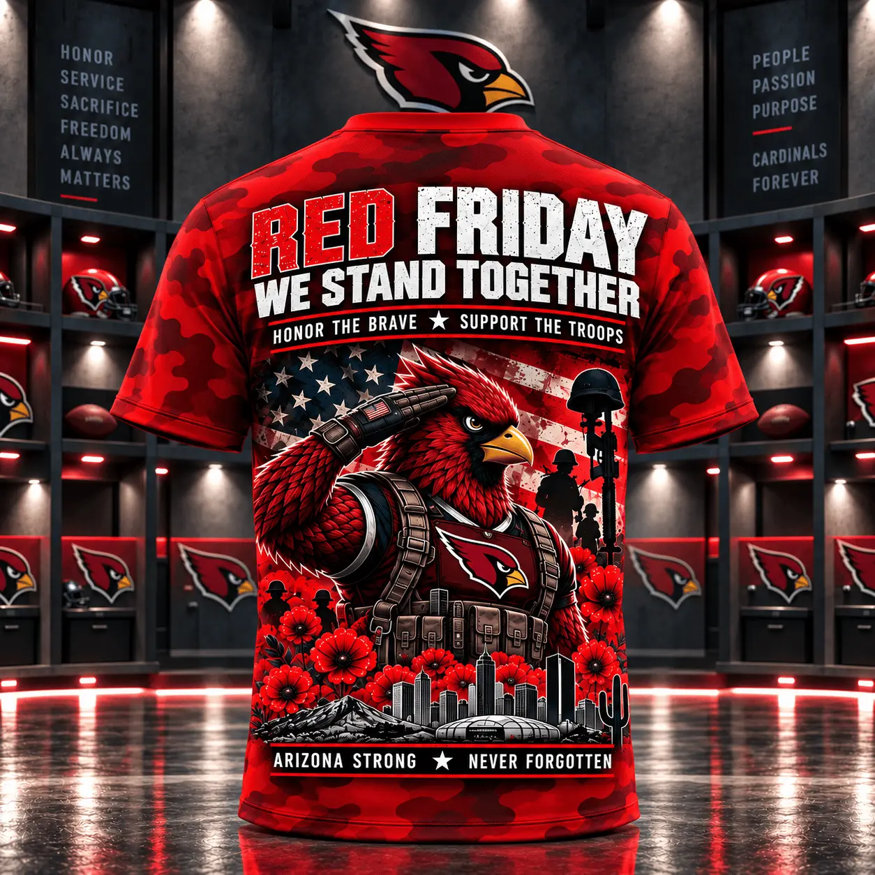 Arizona Cardinals | Premium NFL Red Friday Remember Everyone Deployed Camo GameDay 3D Shirt NY - Image 3