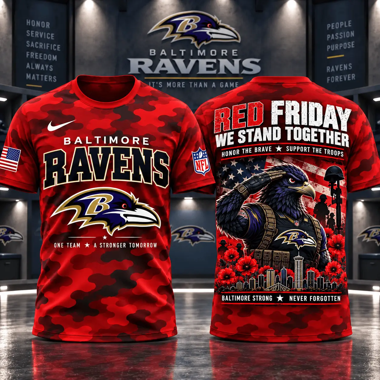 Baltimore Ravens | Premium NFL Red Friday Remember Everyone Deployed Camo GameDay 3D Shirt NY