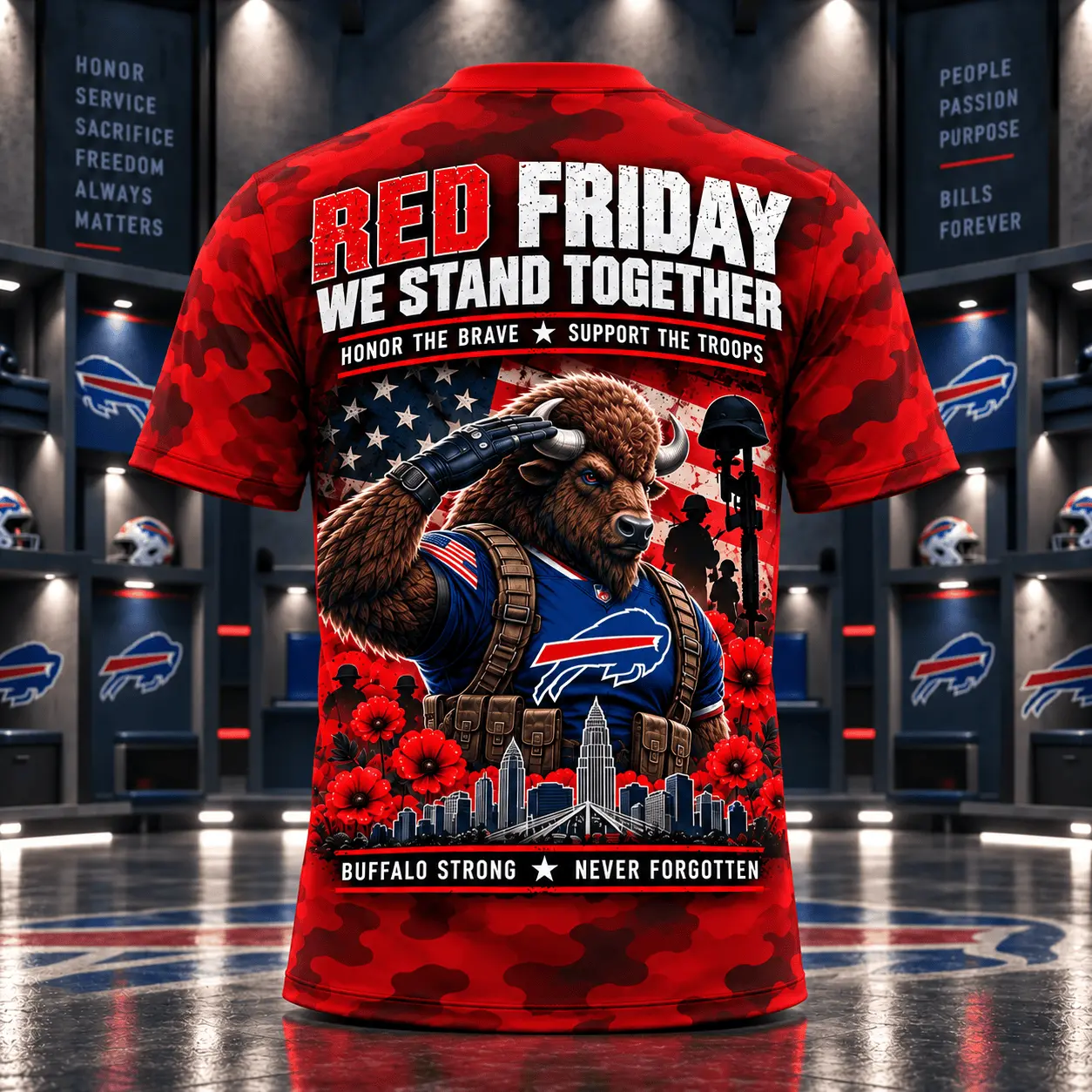 Buffalo Bills | Premium NFL Red Friday Remember Everyone Deployed Camo GameDay 3D Shirt NY - Image 3