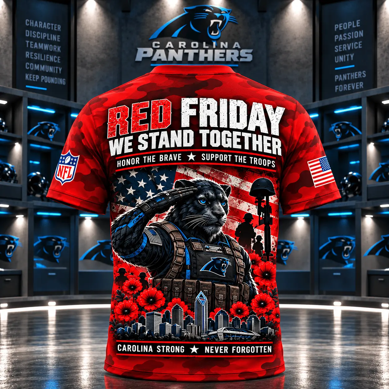 Carolina Panthers | Premium NFL Red Friday Remember Everyone Deployed Camo GameDay 3D Shirt NY - Image 3