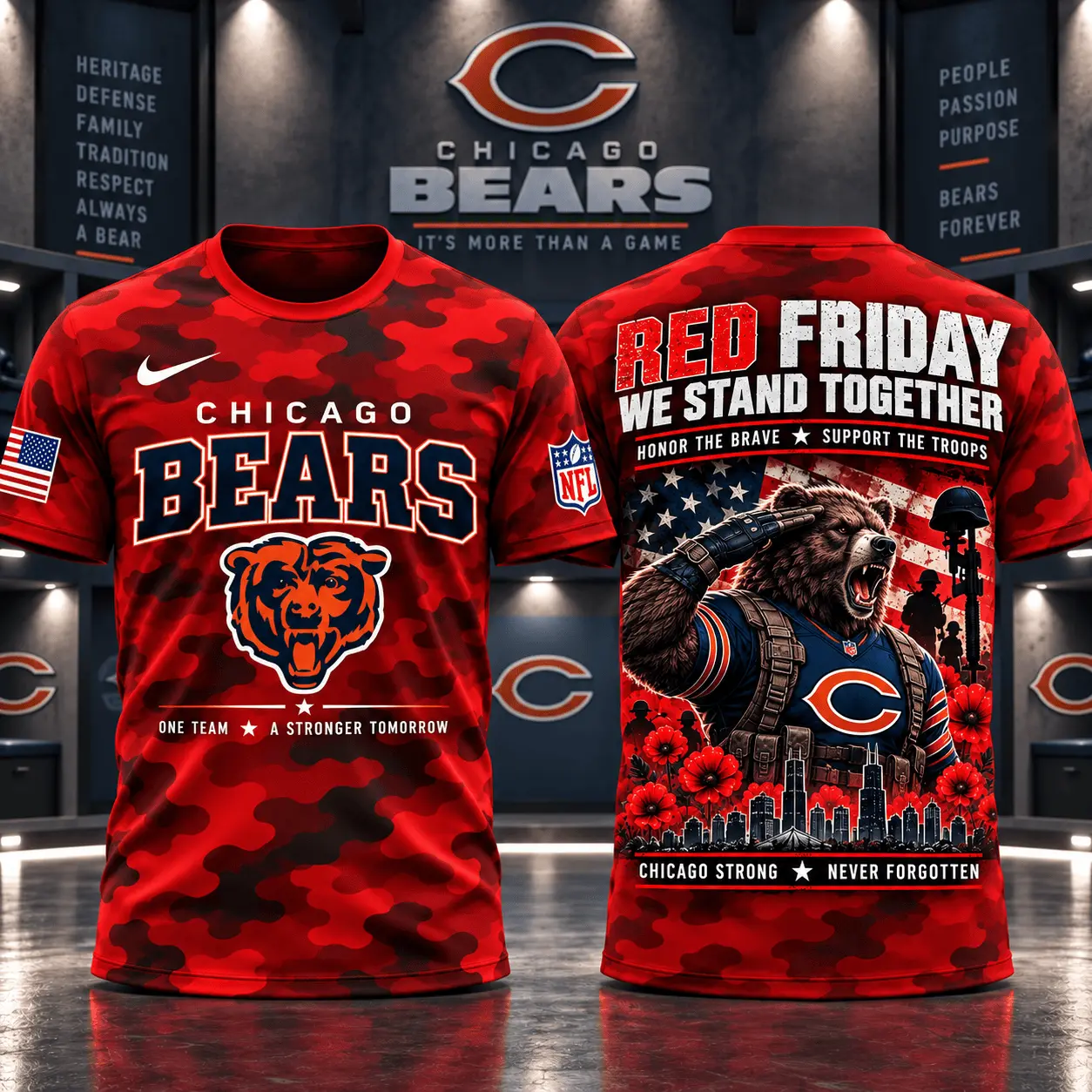 Chicago Bears | Premium NFL Red Friday Remember Everyone Deployed Camo GameDay 3D Shirt NY