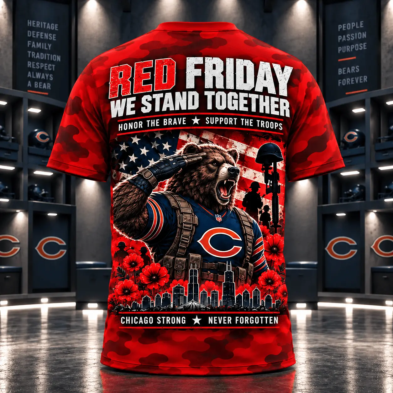 Chicago Bears | Premium NFL Red Friday Remember Everyone Deployed Camo GameDay 3D Shirt NY - Image 3