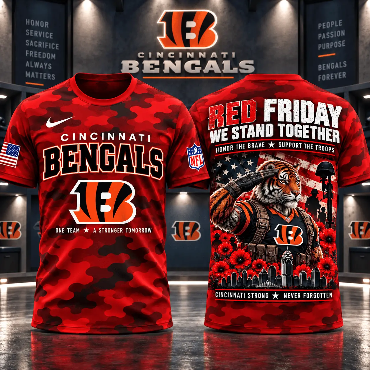 Cincinnati Bengals | Premium NFL Red Friday Remember Everyone Deployed Camo GameDay 3D Shirt NY