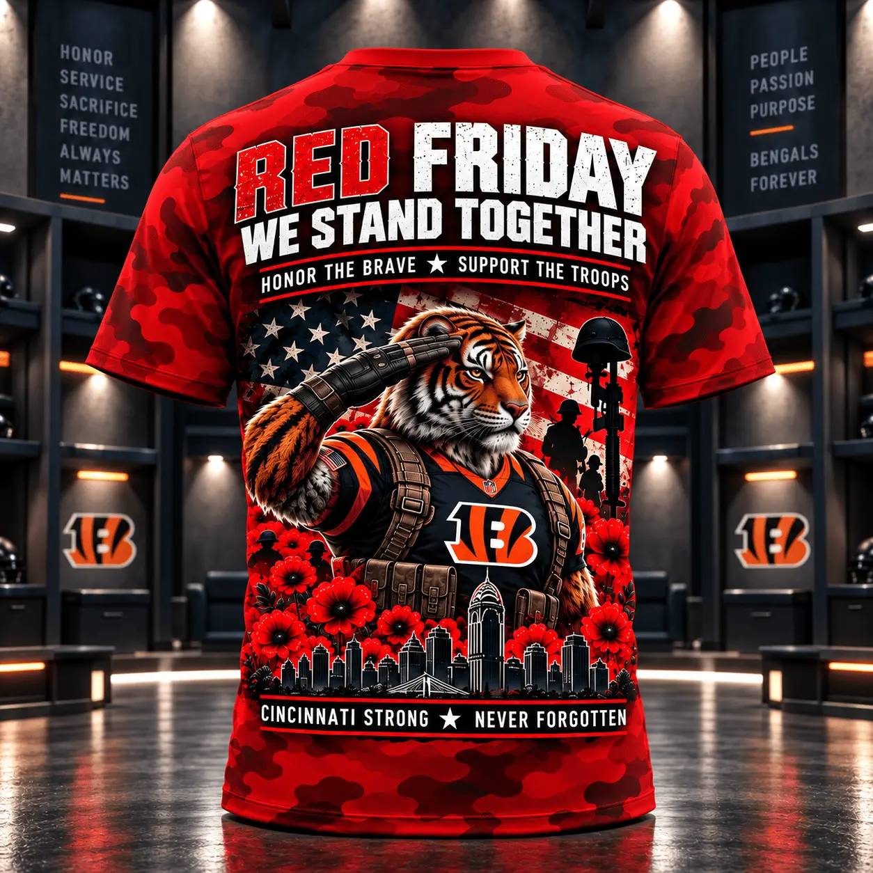 Cincinnati Bengals | Premium NFL Red Friday Remember Everyone Deployed Camo GameDay 3D Shirt NY - Image 3